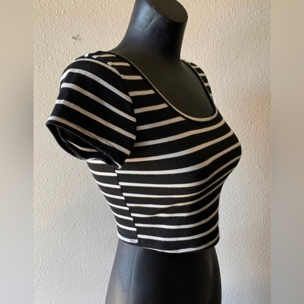 Poetry Small Black Cropped Top Short Sleeve Tee with White Stripes - Picture 5 of 7